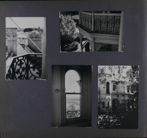 4 photos on page - 1 view from a balcony across the roof, 1 view of a balcony, 1 view through a window to outside and 1 view of the front of the house from the garden