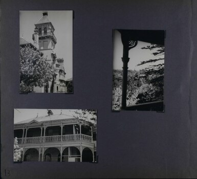 3 photos on page - 2 views of mansion from the garden and 1 view of the garden from a balcony