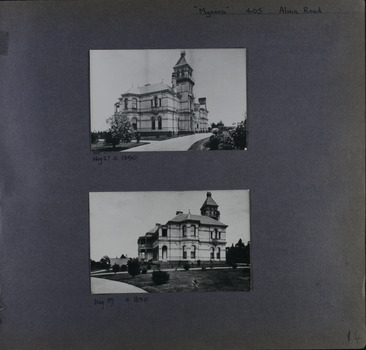2 photos on page - views from opposite sides of mansion of the whole building with small trees in new garden