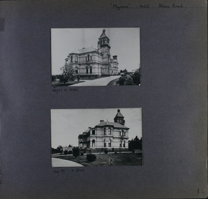 2 photos on page - views from opposite sides of mansion of the whole building with small trees in new garden
