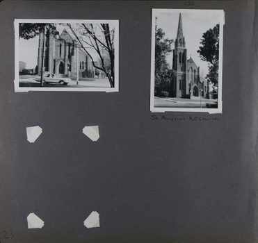 2 photos on page plus an empty set of photo corners - 2 views of the front of an old church with tall tower