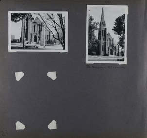 2 photos on page plus an empty set of photo corners - 2 views of the front of an old church with tall tower