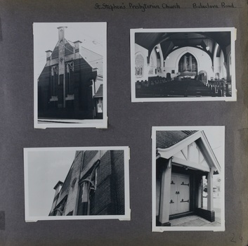 4 photos on page - 3 views around the outside of an old brick church building and one inside looking across the seats