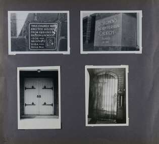 4 photos on page - 2 showing signs around the outside of the old church and 2 showing heavy wooden doors