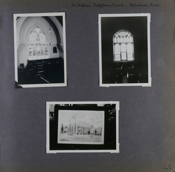 3 photos on a page - 2 are of different decorated windows from inside and one is a photo of a drawing of the old church building