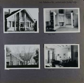 4 photos on page - 2 views of a large 2 storey house in its garden;  and 2 inside showing the area around a fire place in one and another room with a fire place in the other
