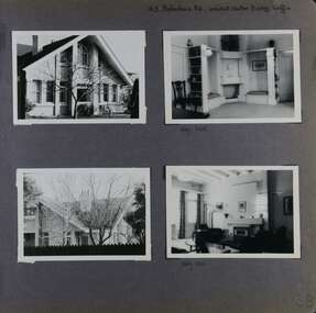 4 photos on page - 2 views of a large 2 storey house in its garden;  and 2 inside showing the area around a fire place in one and another room with a fire place in the other