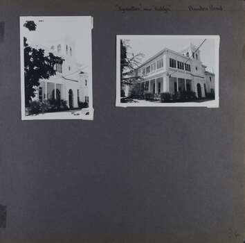 2 photos on page - one view of side wall of 2 storey mansion with 3 storey tower and one view from the garden along both sides of a front corner of the same mansion.