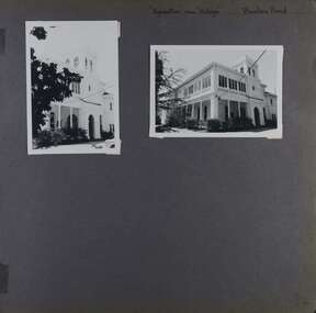 2 photos on page - one view of side wall of 2 storey mansion with 3 storey tower and one view from the garden along both sides of a front corner of the same mansion.