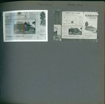 2 photos on page - pieces of advertising flyers for an area covered in a map and including a picture of an old 2 storey mansion and a drawing of a house and garden.