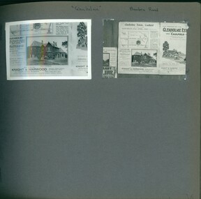 2 photos on page - pieces of advertising flyers for an area covered in a map and including a picture of an old 2 storey mansion and a drawing of a house and garden.
