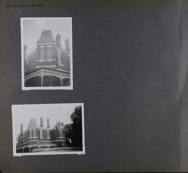2 photos on page - one is a view of mostly the upper level of an old mansion and the other is a closeup of the corner of this upper level.