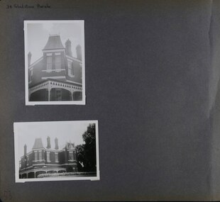 2 photos on page - one is a view of mostly the upper level of an old mansion and the other is a closeup of the corner of this upper level.