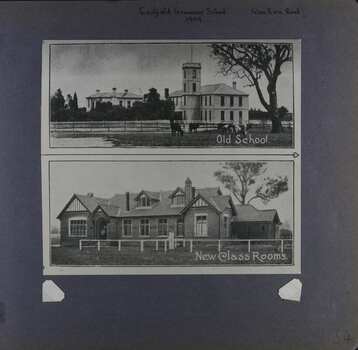 1 photo on page - photo of 2 photos with the first one showing a very big old building with a tower and cows in the foreground and the other photo showing a different large building with attics.