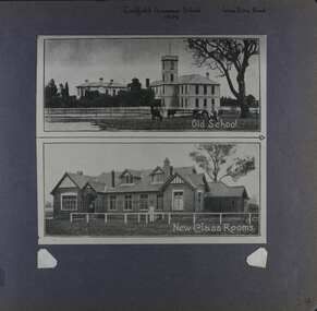 1 photo on page - photo of 2 photos with the first one showing a very big old building with a tower and cows in the foreground and the other photo showing a different large building with attics.