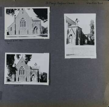 3 photos on page - 2 similar views of the front of an old church building and the 3rd one showing down the right side of the building.