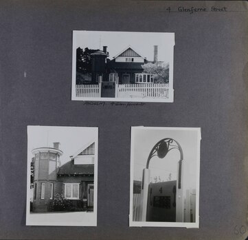 3 photos on page - one view of old house with tower, attic and fence in its garden, one close-up of the tower and one close-up of a decorative arch over the gate in the fence.