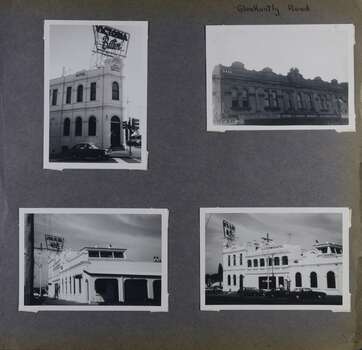 4 photos on page - front, back and side views of a very large two storey hotel building including big sign and one view of the upper level for 5 similar double-storey shops.