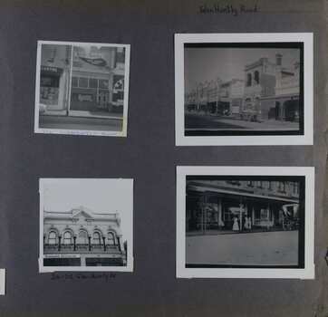 4 photos on page - 1 view of a couple of old-style shops at ground level, 1 view of the upper level for a couple of old-style double-storey shops, 1 photo of a photo of a retail strip of old-style double-storey shops with an early model car and 1 photo of a photo of old-style retail strip at ground level with a rear view of a carriage and a couple of people in long dresses. 
