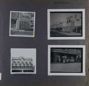 4 photos on page - 1 view of a couple of old-style shops at ground level, 1 view of the upper level for a couple of old-style double-storey shops, 1 photo of a photo of a retail strip of old-style double-storey shops with an early model car and 1 photo of a photo of old-style retail strip at ground level with a rear view of a carriage and a couple of people in long dresses. 