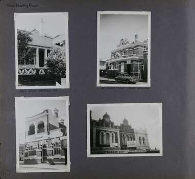 4 photos of brick buildings - entrance area of a house, large official 2-storey building with a car out the front, smaller official-looking building of 2 storeys and the upper level of 3 x 2-storey shops
