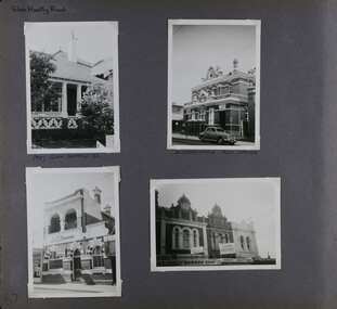 4 photos of brick buildings - entrance area of a house, large official 2-storey building with a car out the front, smaller official-looking building of 2 storeys and the upper level of 3 x 2-storey shops