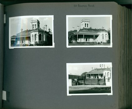 3 photos on page - 3 views of the front of an old mansion with verandah and lots of chimneys.  One view includes old fence and gates with pillars.