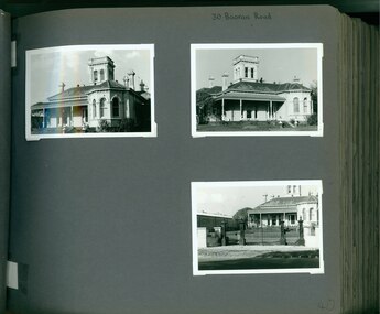3 photos on page - 3 views of the front of an old mansion with verandah and lots of chimneys.  One view includes old fence and gates with pillars.