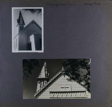 2 photos showing different views of the front and tower of an old wooden church building