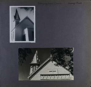 2 photos showing different views of the front and tower of an old wooden church building