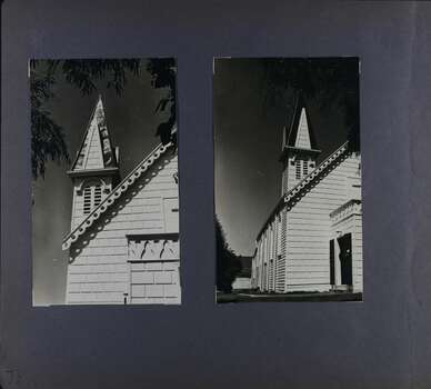 2 photos of different angles of the decorated spire, front and side of an old wooden church 
