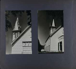 2 photos of different angles of the decorated spire, front and side of an old wooden church 