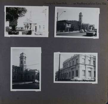 4 photos of views of an official-looking substantial 2-storey building with a big entrance and tower