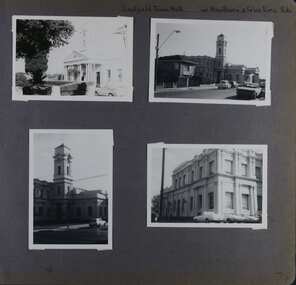 4 photos of views of an official-looking substantial 2-storey building with a big entrance and tower