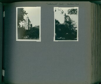 2 photos - both taken from the garden showing 2 views an old mansion with its tall pointed tower