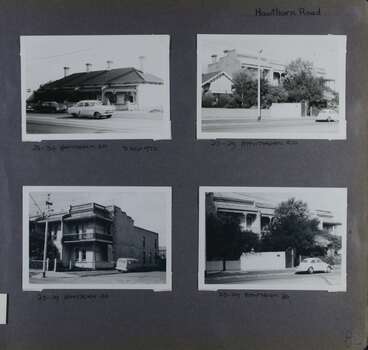 4 photos each of different sets of homes, one being old houses of one storey and the other showing different views of double-storey old terrace houses.  All have old cars out the front on the street in front.