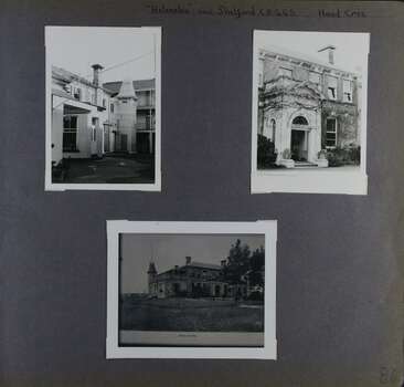 3 photos - different views of a big old mansion with a tower;  one is a longer view from grounds.