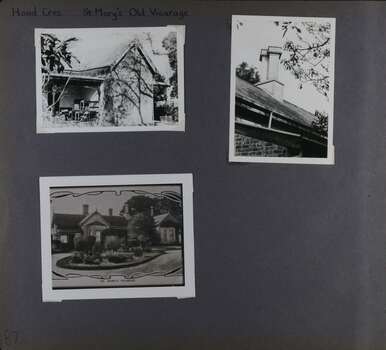 3 photos - one is of the back of an old house with stacks of desks and chairs, one is of a chimney on its roof and one is a photo of a photo of the front a large home with formal driveway and garden centrepiece.