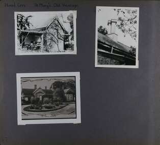 3 photos - one is of the back of an old house with stacks of desks and chairs, one is of a chimney on its roof and one is a photo of a photo of the front a large home with formal driveway and garden centrepiece.