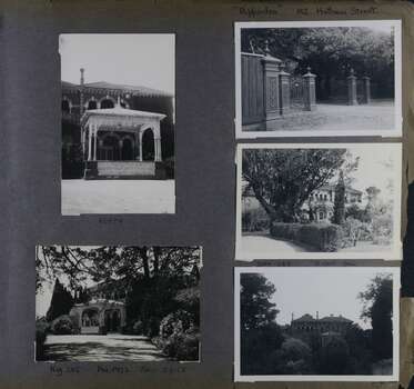 5 photos - 2 views of the highly decorated formal entrance to a substantial brick mansion, one view of the cast iron gates and fence at the garden entrance, 2 wider views of the mansion from its gardens.