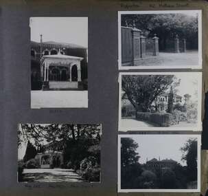 5 photos - 2 views of the highly decorated formal entrance to a substantial brick mansion, one view of the cast iron gates and fence at the garden entrance, 2 wider views of the mansion from its gardens.