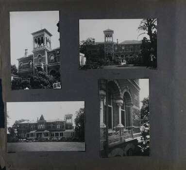 4 photos - a close view and a more distanced view of the side of the mansion with the 3 storey square tower, one distanced view of the front of the mansion and one close view of 2nd floor arched windows.