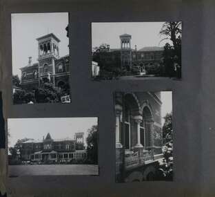 4 photos - a close view and a more distanced view of the side of the mansion with the 3 storey square tower, one distanced view of the front of the mansion and one close view of 2nd floor arched windows.