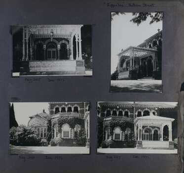 4 photos of the front of this old mansion - 2 views of the highly decorated formal entrance and 2 views further back of this side of the front