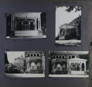 4 photos of the front of this old mansion - 2 views of the highly decorated formal entrance and 2 views further back of this side of the front