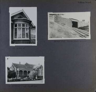 3 photos - 1 view of an old brick house with verandah and 2 big bay windows plus a close-up view of one of its bay windows;  and a bluestone railway tunnel bridge.
