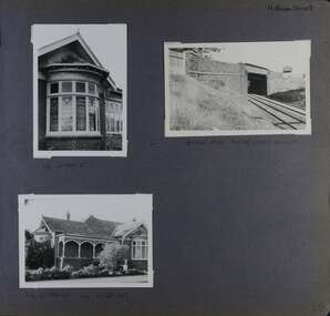 3 photos - 1 view of an old brick house with verandah and 2 big bay windows plus a close-up view of one of its bay windows;  and a bluestone railway tunnel bridge.