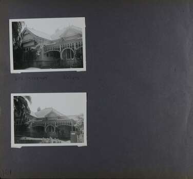 2 photos of an old timber home with very decorative verandah.