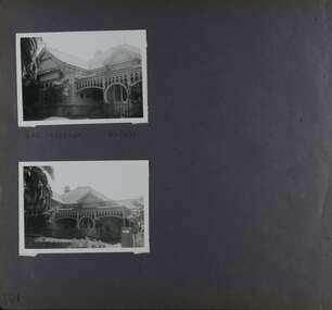 2 photos of an old timber home with very decorative verandah.
