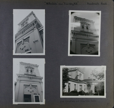 4 photos - 3 different close-up views of a rendered ornate two storey tower and one wider view of the house and its tower.